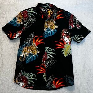 Small Neff Tiger Cheetah Hawaiian Button Shirt King Tropical Monstera Leaf EUC